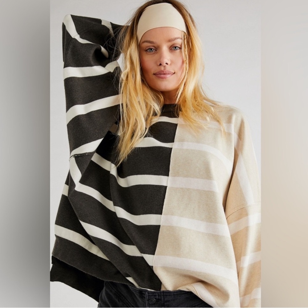 FREE PEOPLE Uptown Stripe Pullover Sweater NEW Size XS Black Pearl Combo - Picture 5 of 15